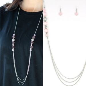 Long pink and silver bead layered necklace